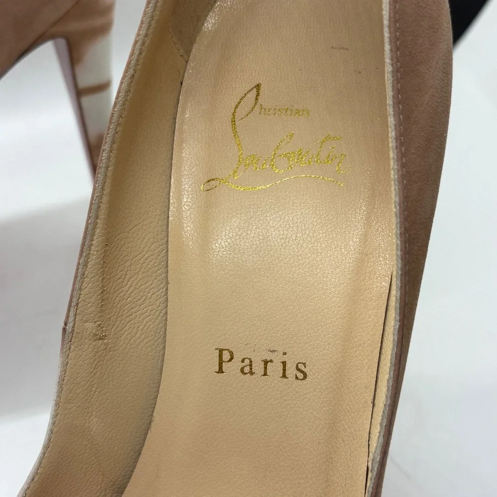 Christian Louboutin Marbled Tan Suede Peep Toe Platform Pumps Red Bottoms 37